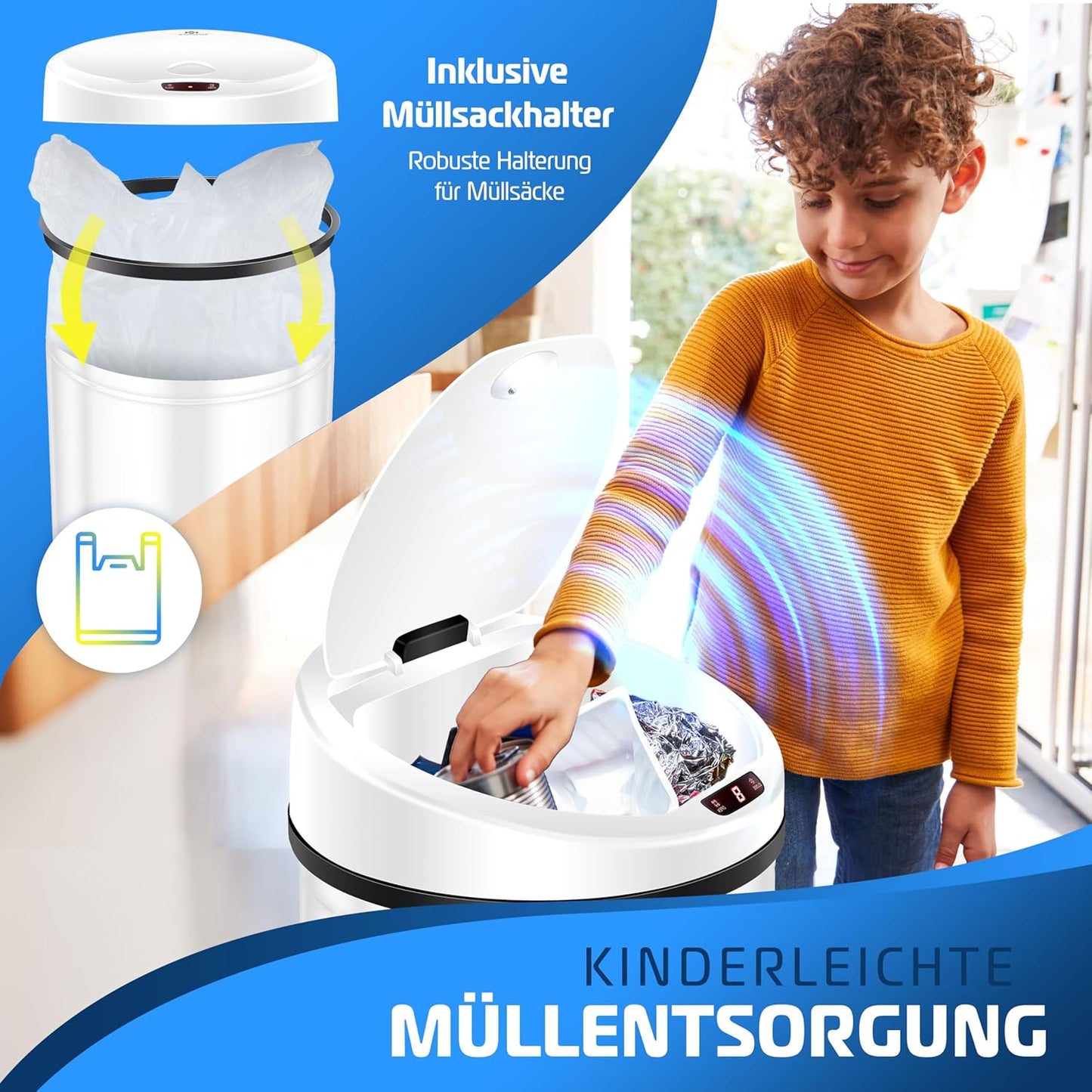 Sensor Mülleimer mit Müllsackhalterung, 56 Liter Weiss