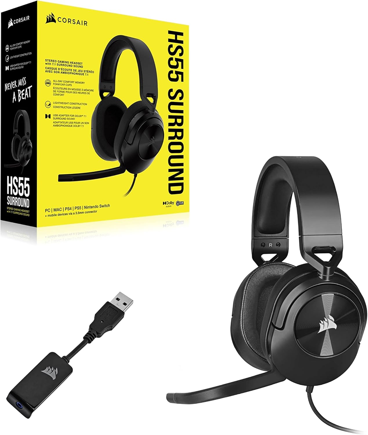 HS55 Surround Gaming-Headset mit Dolby 7.1 Sound, HS55 SURROUND Schwarz
