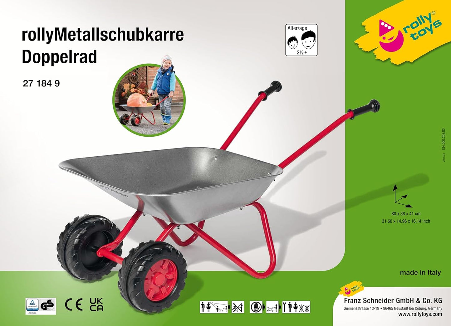 Schubkarre, Metallschüssel + Doppelreifen Silber