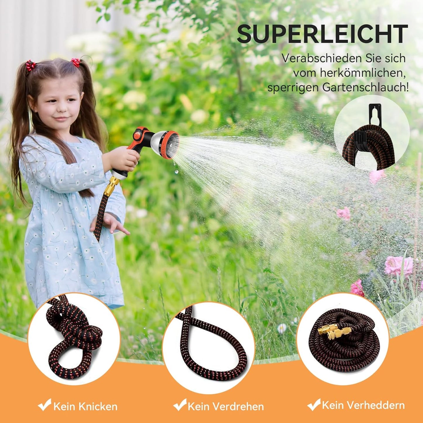 Flexibler Gartenschlauch mit Metallanschlüssen, 15M/50FT Schwarz-orange