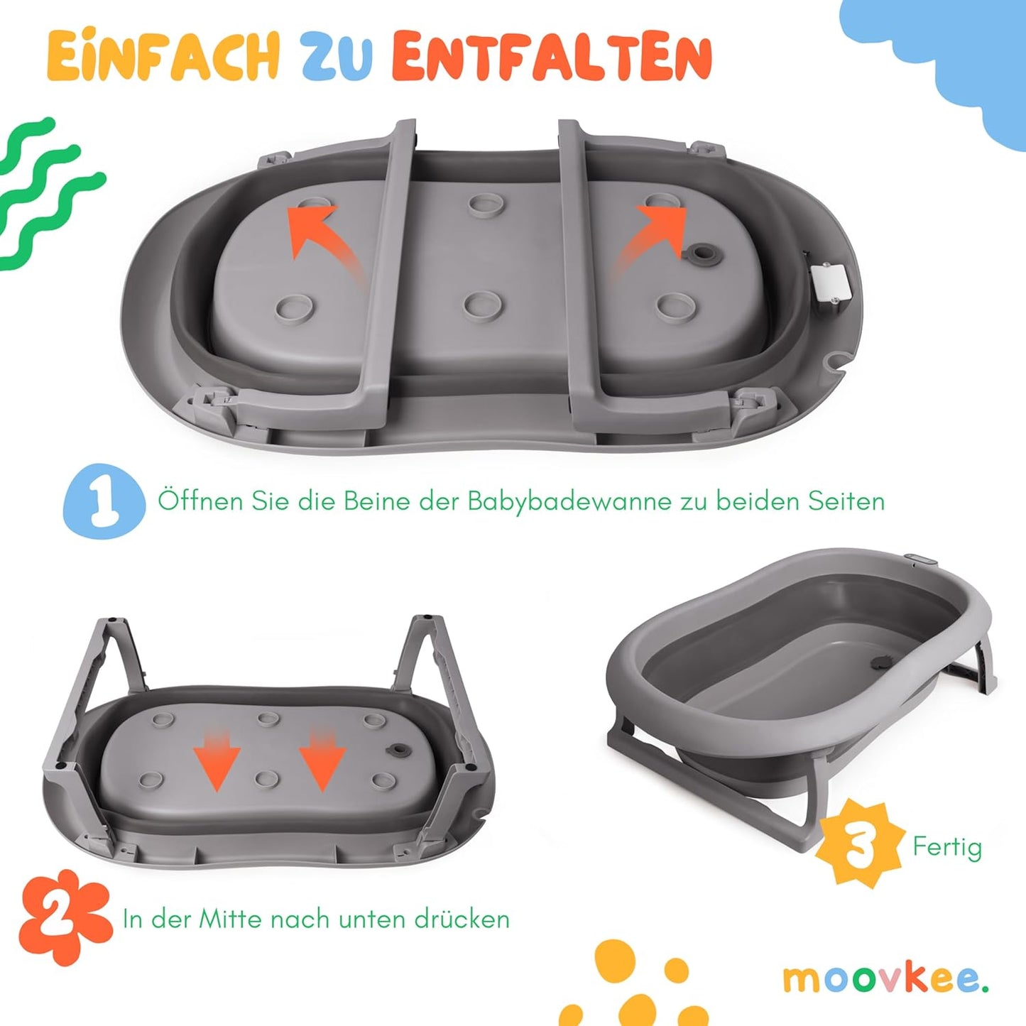 Babybadewanne mit Faltgestell und Badekissen, Dunkel Grau mit Ständer und Badekissen