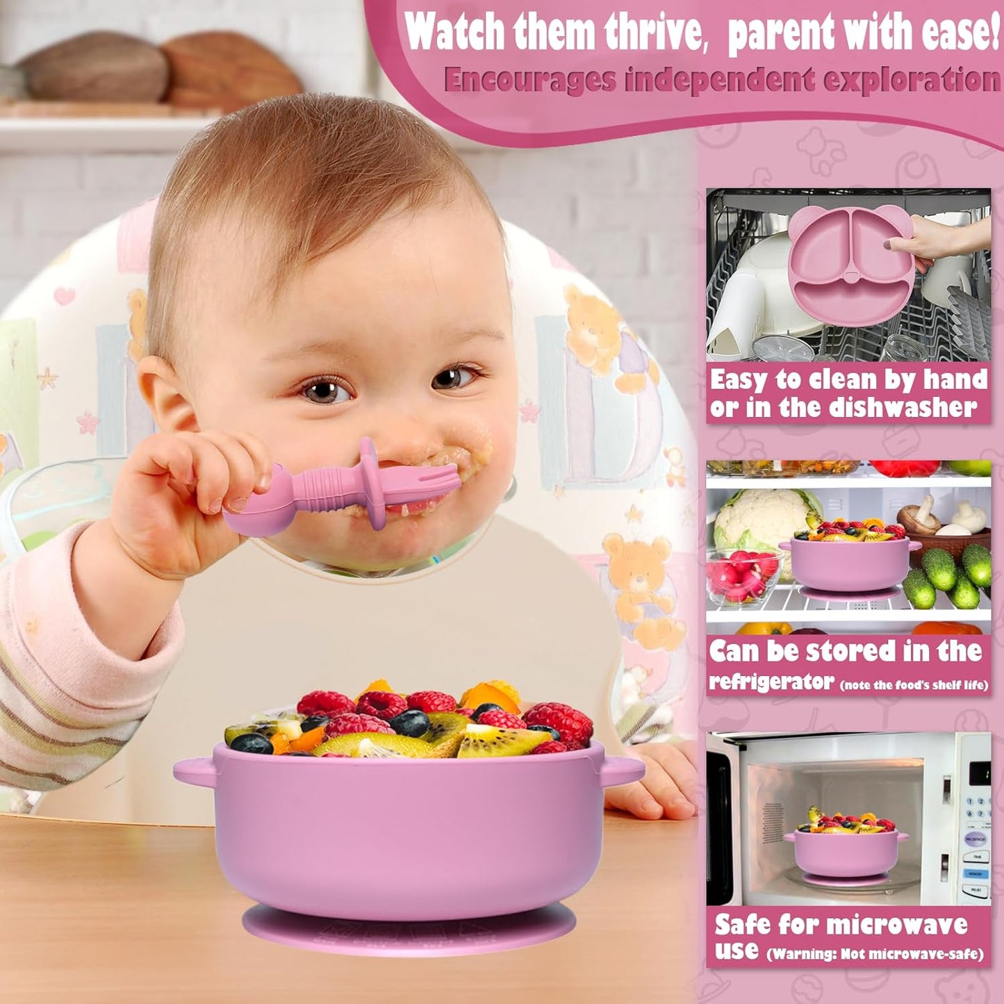 11-teiliges Kindergeschirrset mit Saugnapf, Rosa