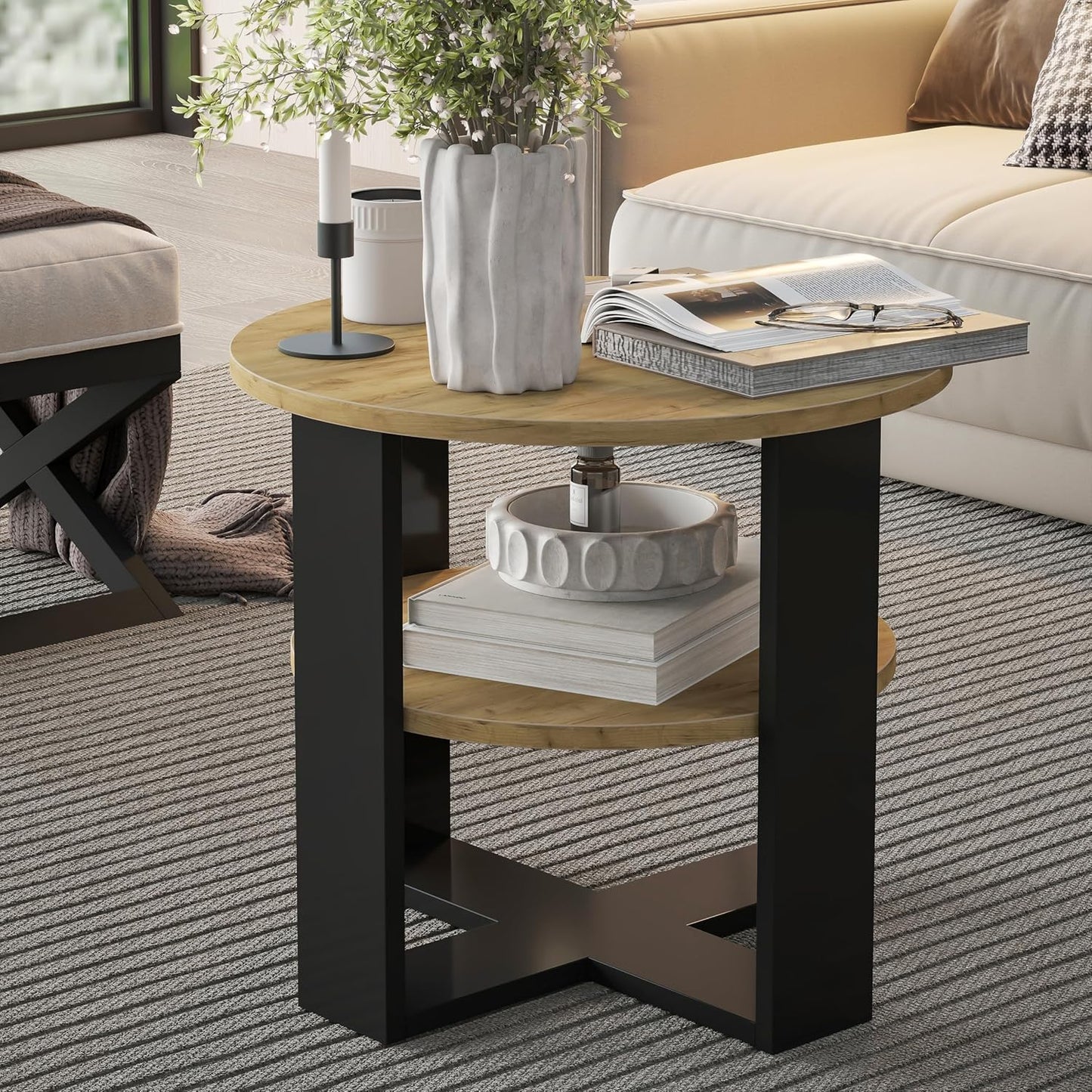 Runder Couchtisch mit Ablage, Schwarz & Eiche Durchmesser: 53CM