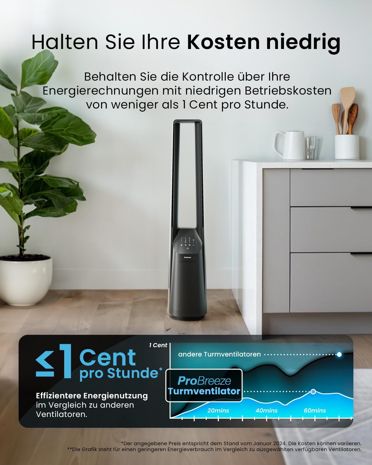 Rotorloser Turmventilator mit Fernbedienung und Timer, Ohne App Schwarz