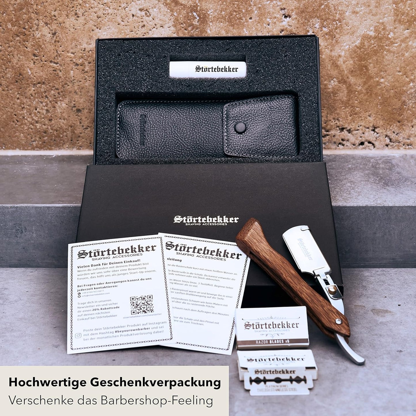 Rasiermesser mit Lederetui, Holz - Schwarz