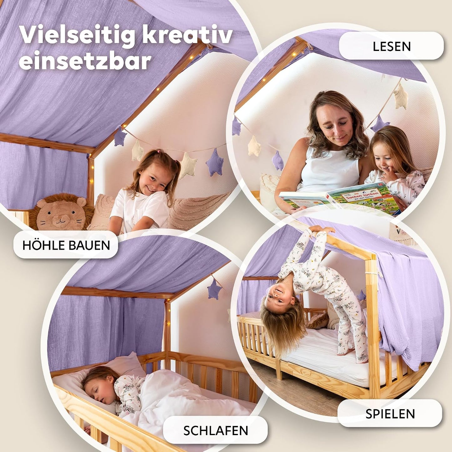 Hausbett Stoffhimmel, Flieder mit Gold 135 x 360cm
