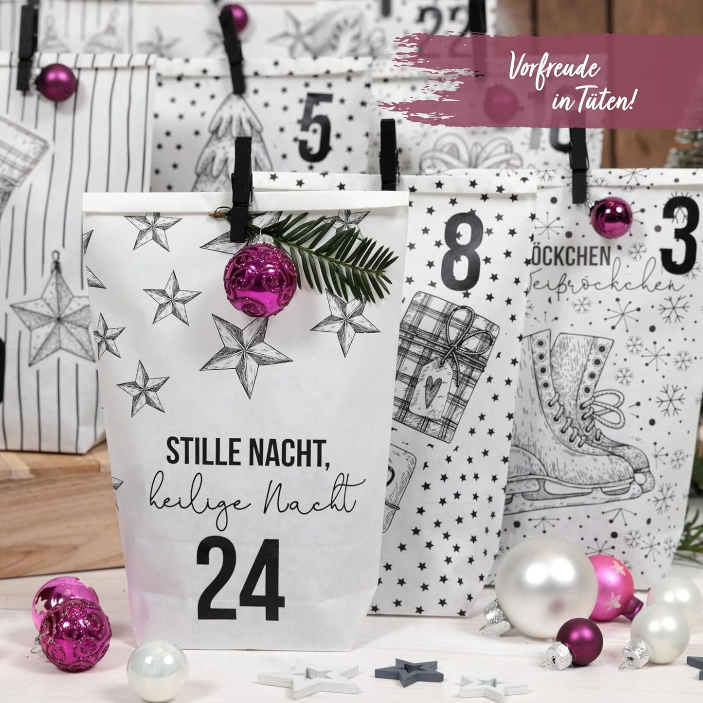 Adventskalender zum Befüllen mit 24 Tüten und Zahlenaufklebern, Weiss Schwarz