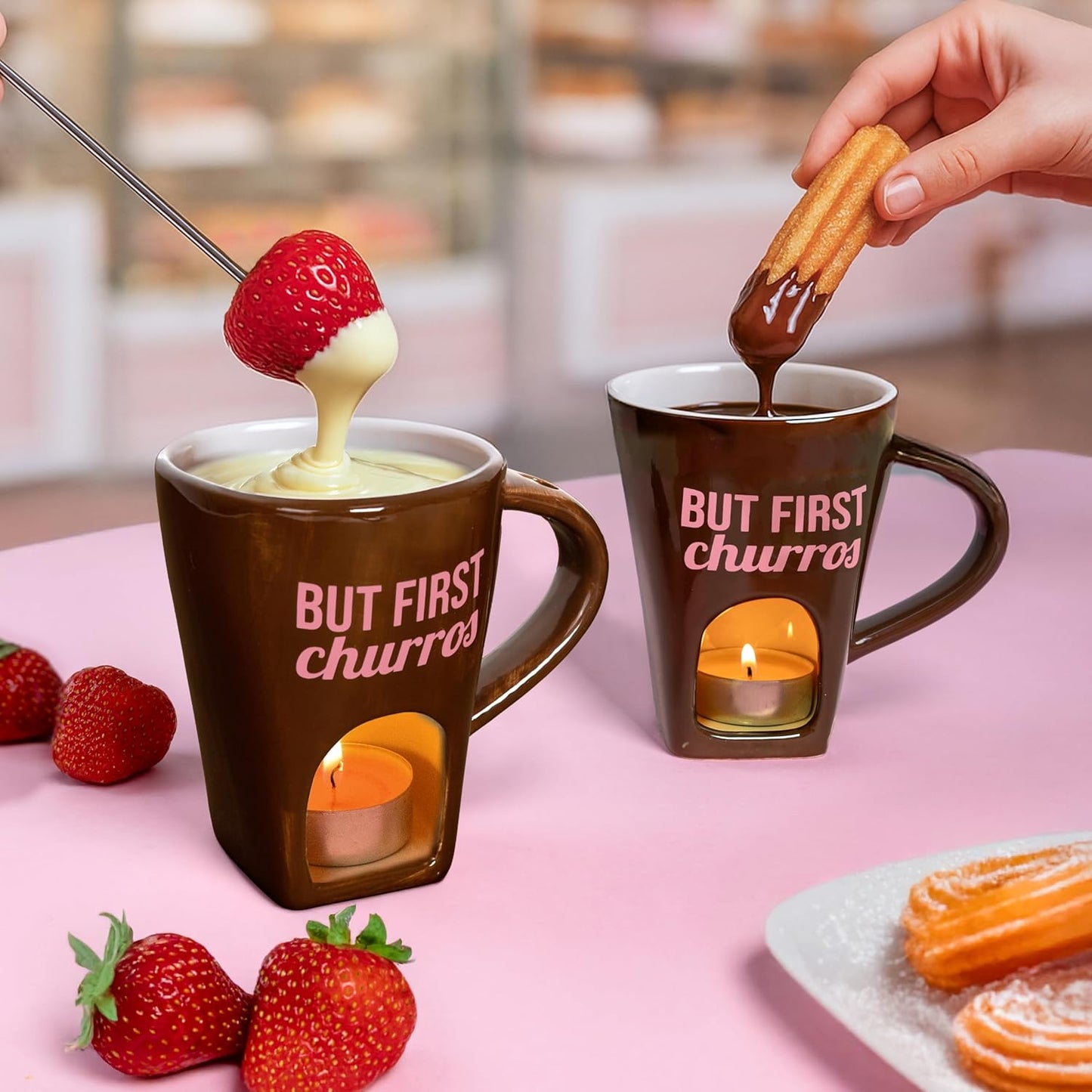 Fondue Tasse mit Gabel, Churros, Braun