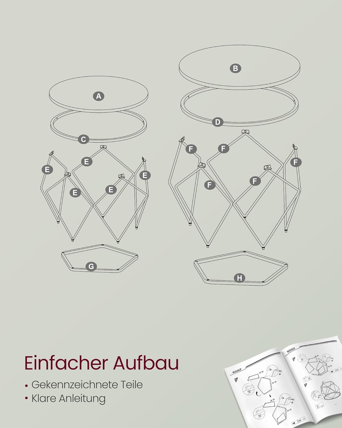 Runder Couchtisch im 2er-Set mit abnehmbarer Platte, (50 Dia. x 40H) cm + (40 Dia. x 36H) cm Schneeweiss + Wolkenweiss