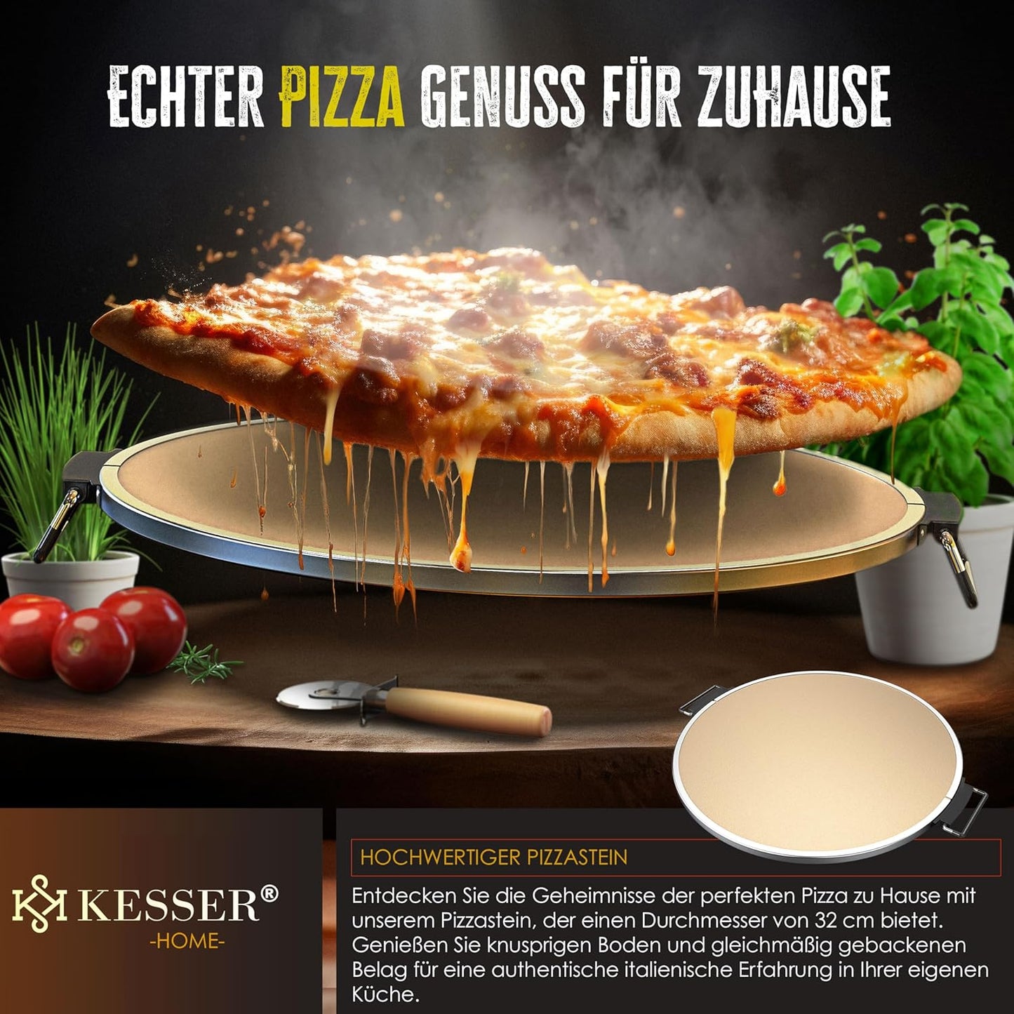 Pizza-Ofen mit feuerfester Steinplatte & Timer, Schwarz