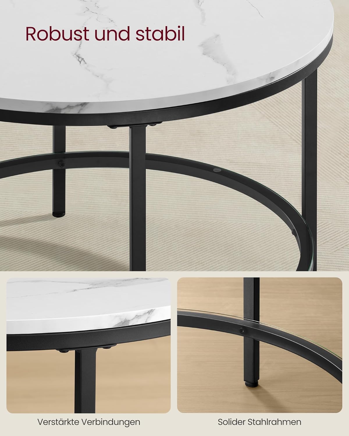 Moderner Couchtisch mit Glasplatte und Stauraum, 65d cm Marmorweiss + Tintenschwarz