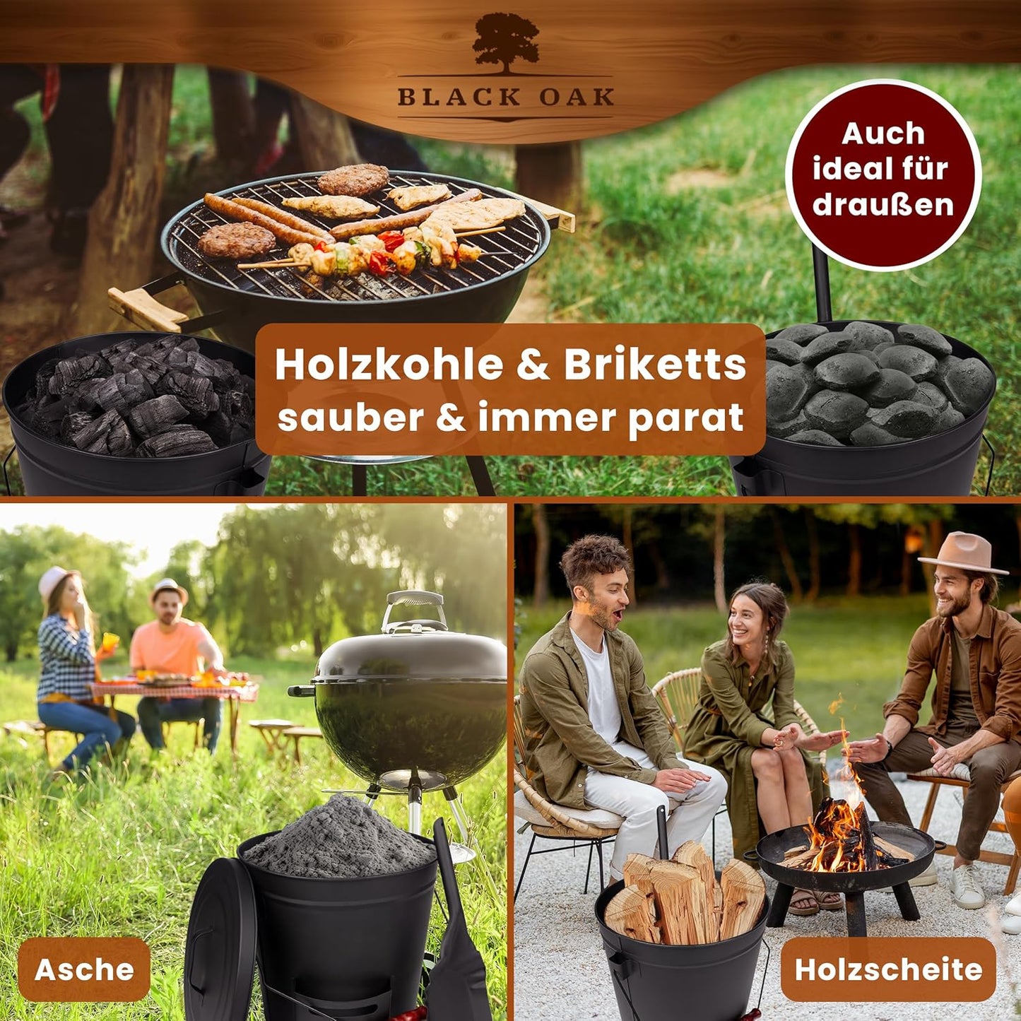 Ascheeimer-Set mit Deckel, Bügel schwarz + Besen