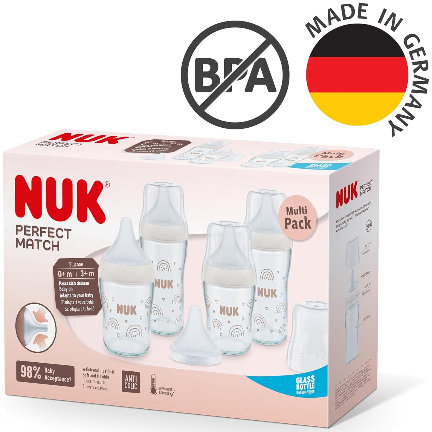 Perfect Match Glas-Babyflaschenset, 2 x 230 ml + 2 x 120 ml Babyflaschen Regenbogen