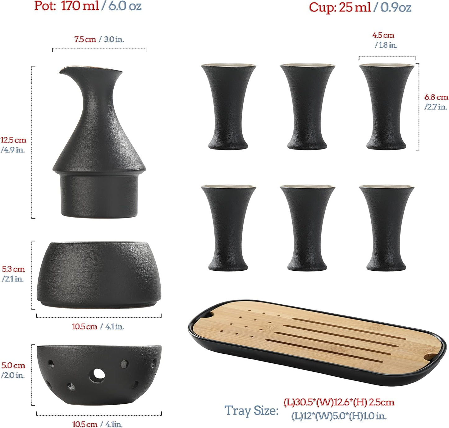 Japanisches Sake Set mit Karaffe und 6 Bechern, Luxuriöse Ledertasche Schwarze Frosted Finishing-ledertasche