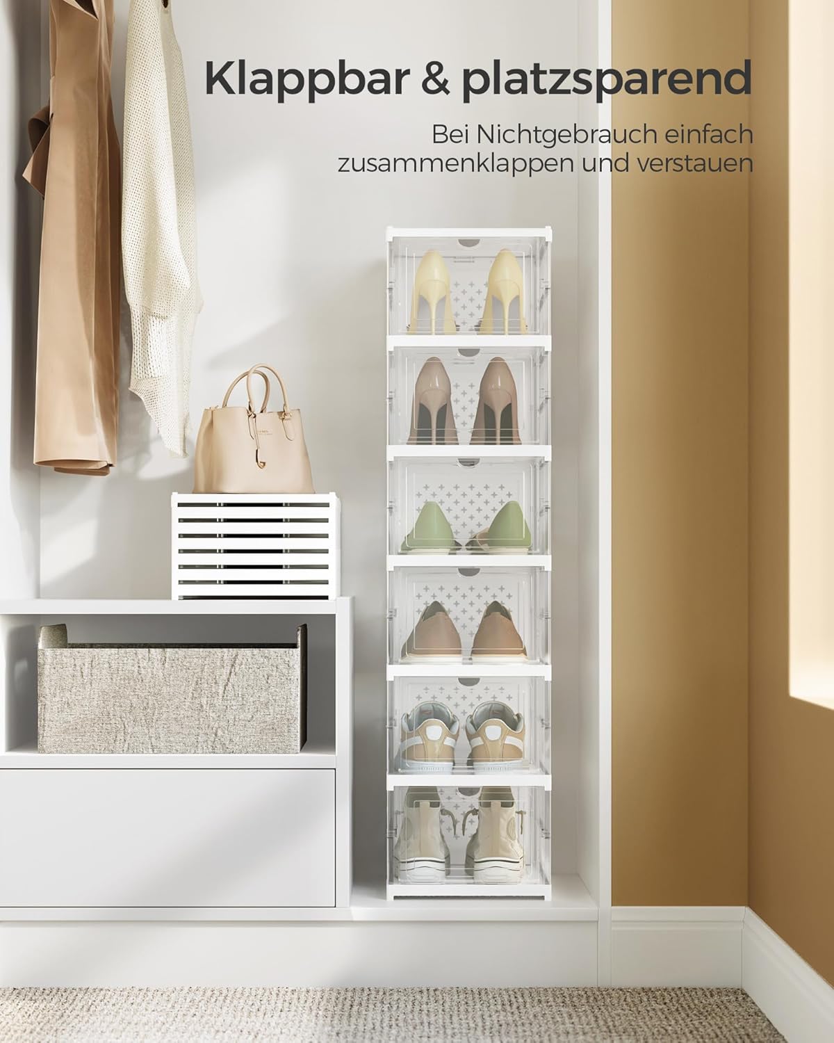 Schuhschrank mit 6 faltbaren Schuhboxen, Transparent + Wolkenweiß 1