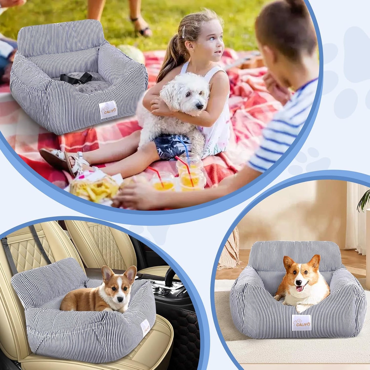 Hundeautositz mit Sicherheitsgurt bis 10 kg, wasserdicht, Blau-Weiss