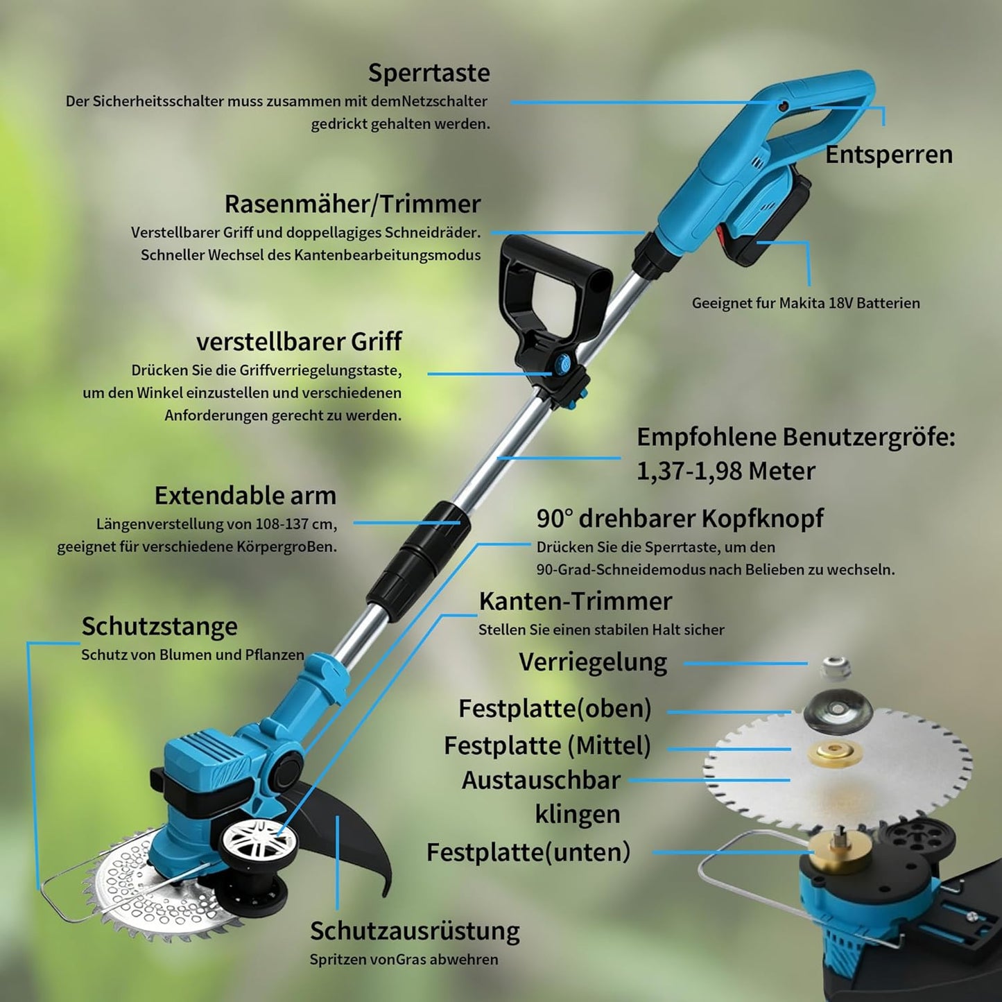 Akku-Rasentrimmer mit 4 Messertypen und 2 Akkus