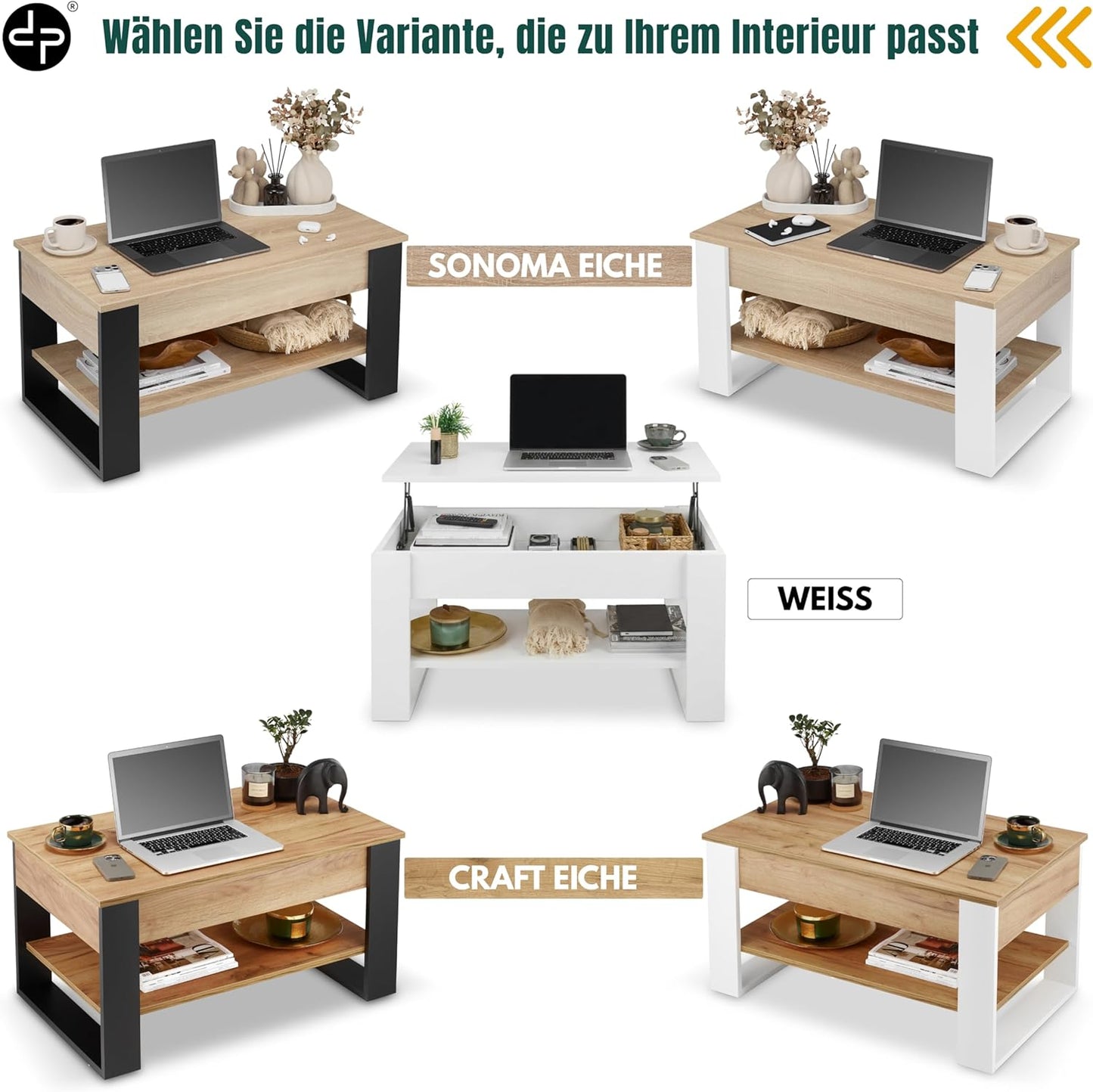 Höhenverstellbarer Couchtisch mit Stauraum und Ablage, Weiss