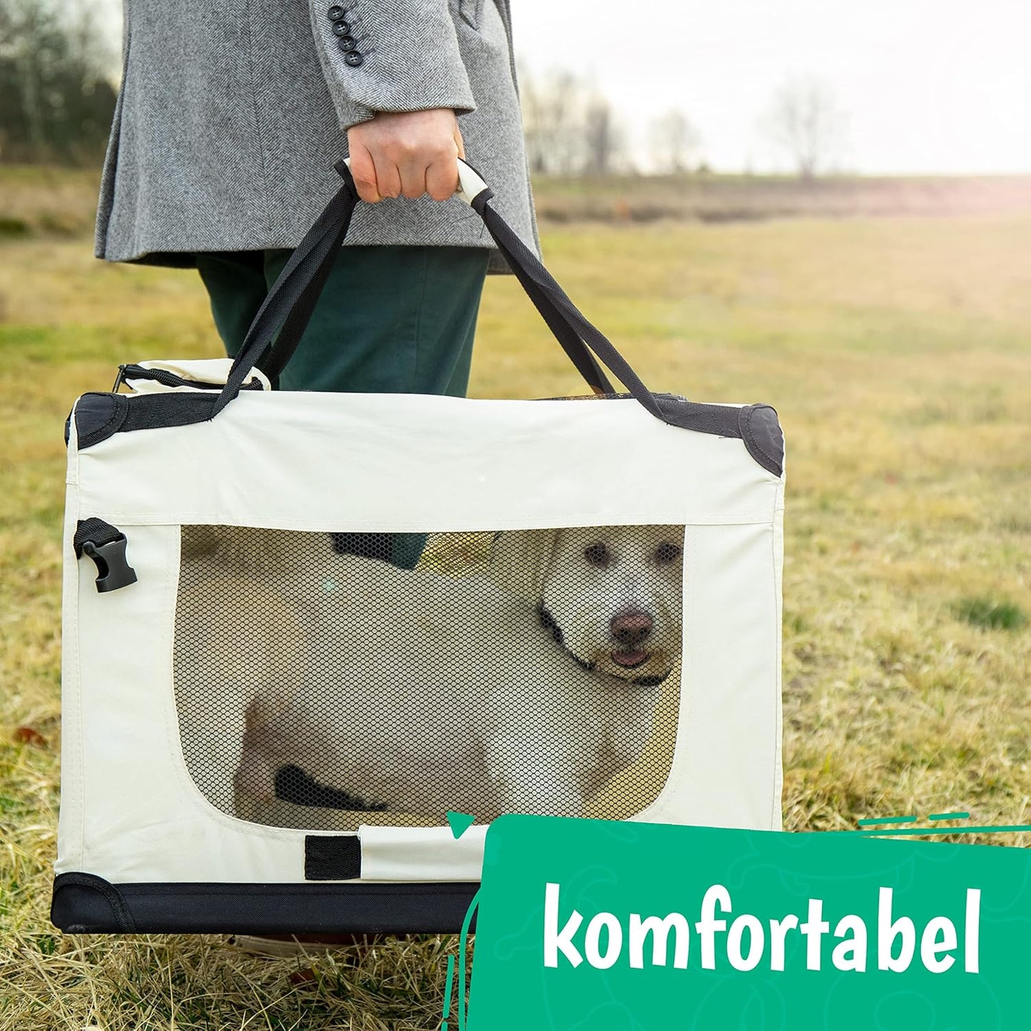 Faltbare Hundetransportbox für Auto (50x34x36 cm), L 50 x B 34 x H 36 cm Beige