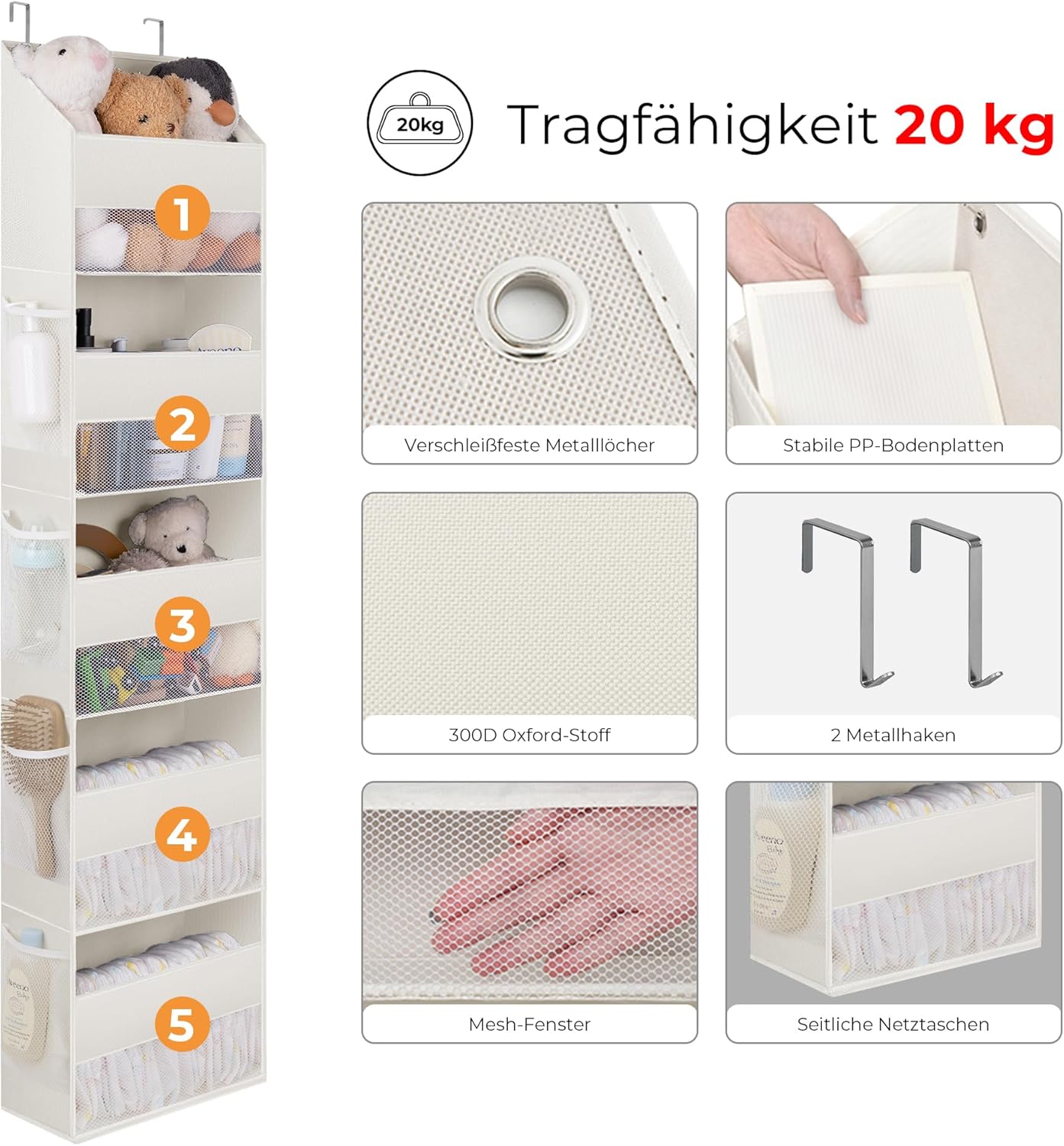 Tür-Hängeorganizer mit 5 Fächern, 5 Fächern Beige - 1 Stück