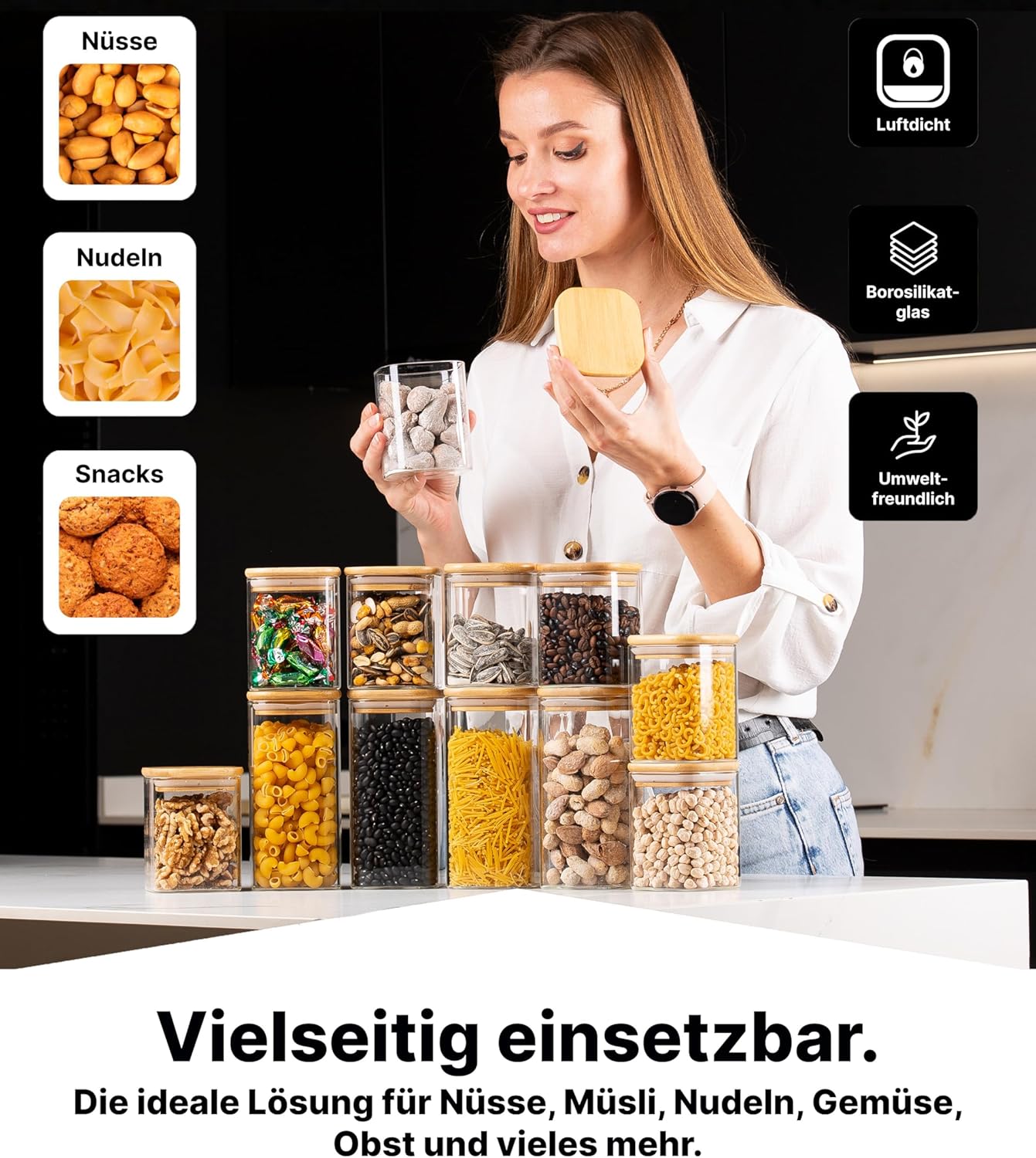 Vorratsgläser-Set mit Deckel, 12 Stk., 2 Grössen, eckig