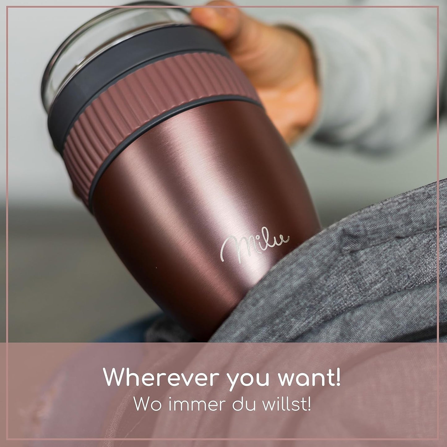 Müslibecher to go mit Löffel, Rose Gold Edelstahl