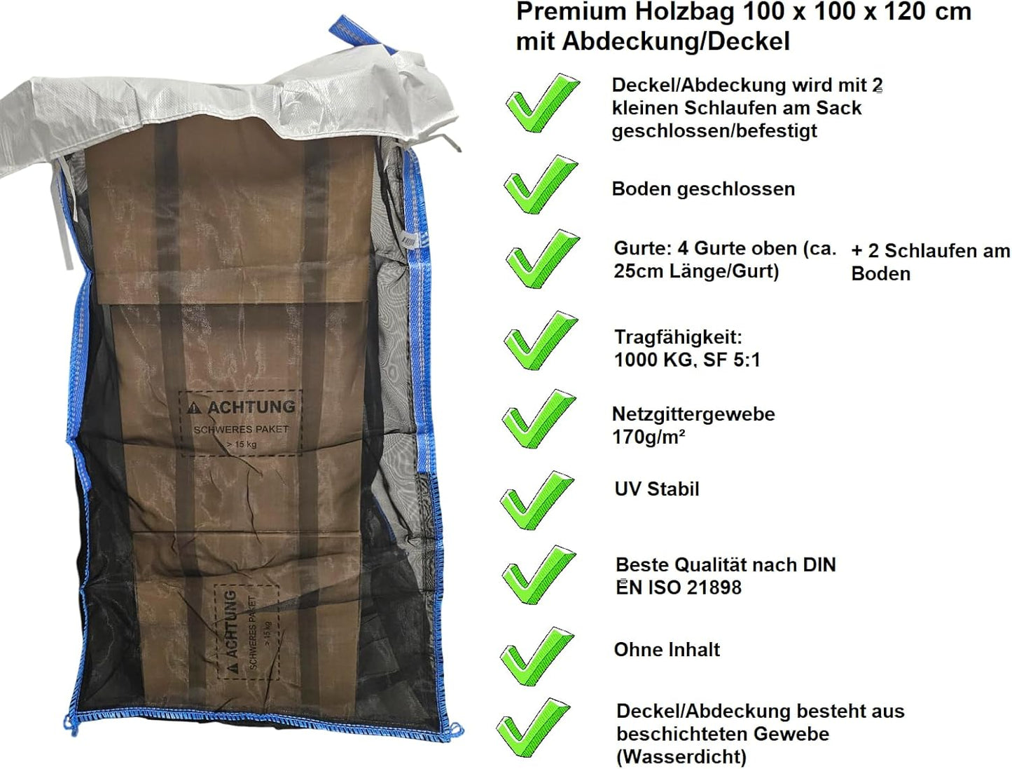 Holz Big Bag, 100 x 100 x 120 cm mit DECKEL 6