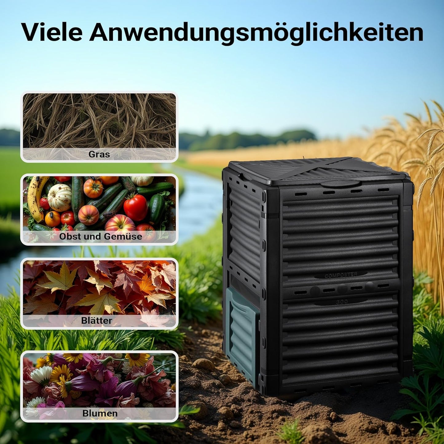 Gartenkomposter 300L mit Bodenklappe, Kunststoff 61x61x82 cm