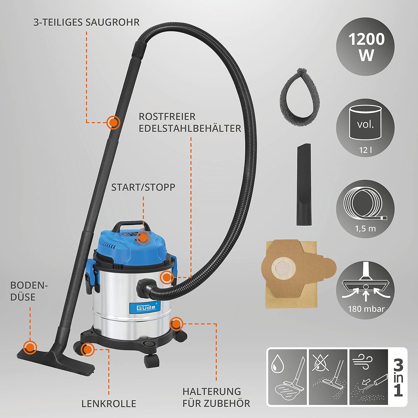 Nass- und Trockensauger, 1200W / 12L