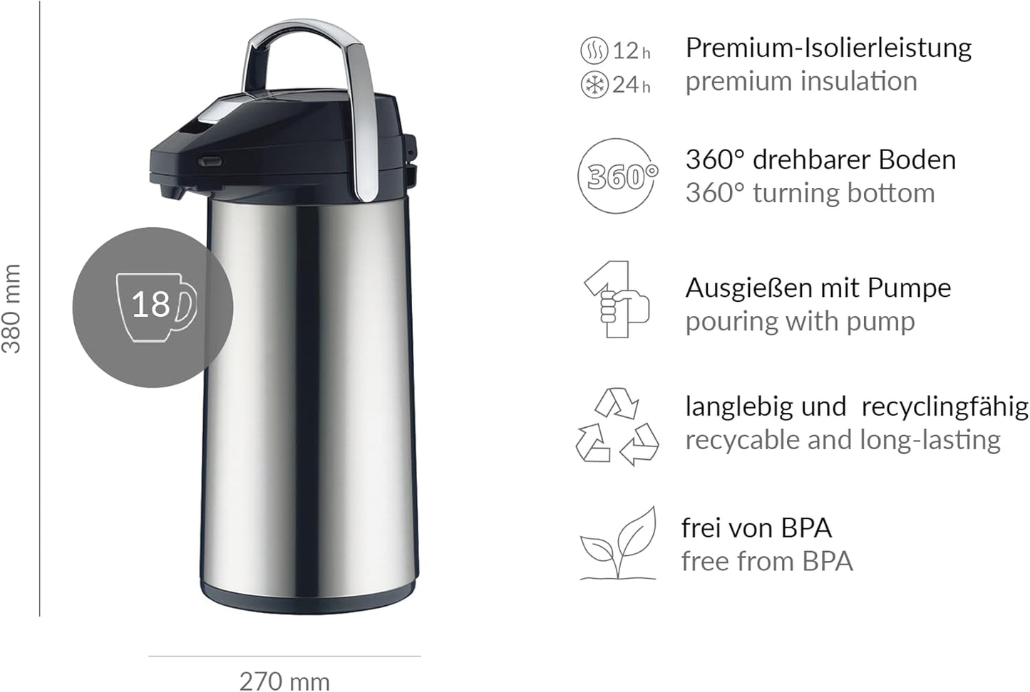Thermoskanne mit integrierter Pumpe, 2200 ml Single