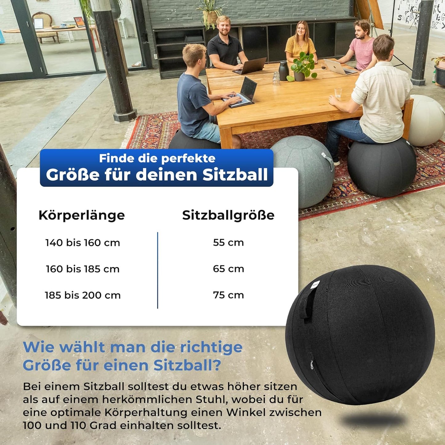 Ergonomischer Sitzball, 75 cm Schwarz