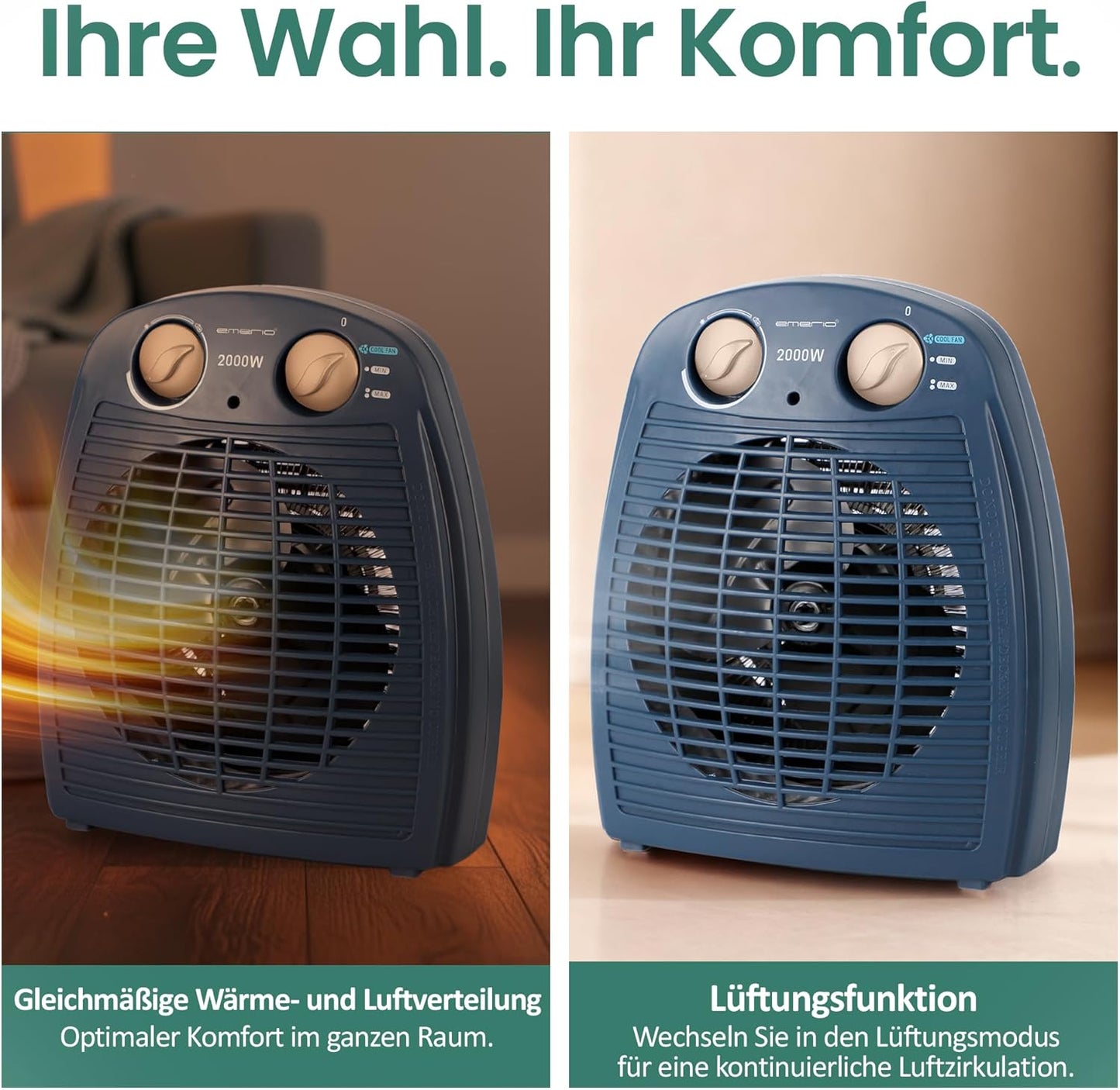 Heizlüfter mit Thermostat & Ventilatorfunktion, Blau