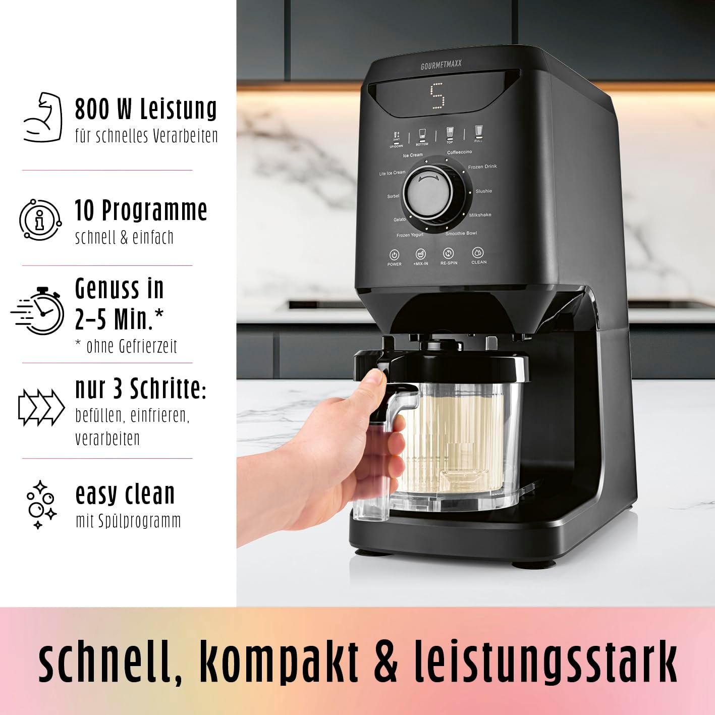 SmoothUp Eiscreme-Maschine mit 10 Programmen, Eismaschine 800W schwarz