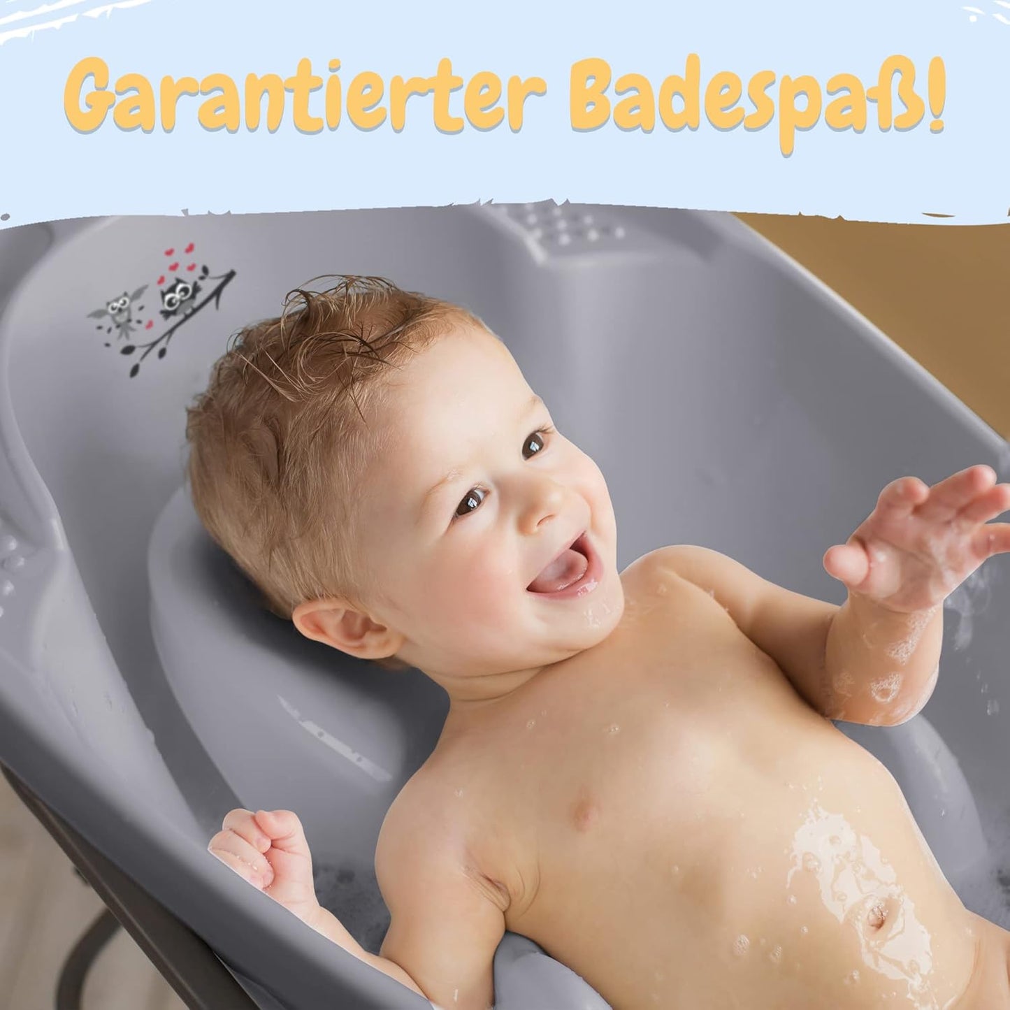 Babybadewanne Eule mit Neugeborenensitz, 2 - Set Eule - grau