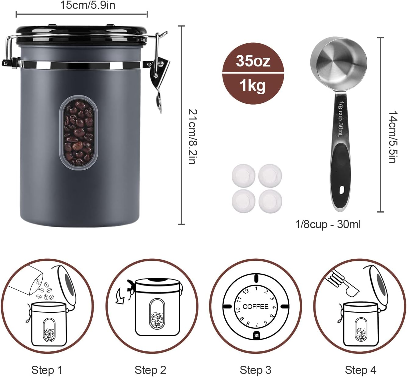Luftdicht Kaffeedose mit Sichtfenster und Datumsanzeige, 2.8L-Gray