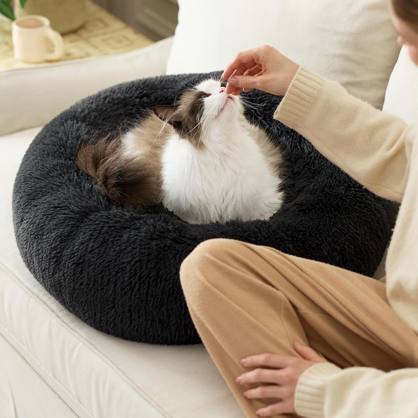 Rundes Kuschelbett für Katzen und kleine Hunde, Dunkelgrau L 50 x B 50 x H 13 cm