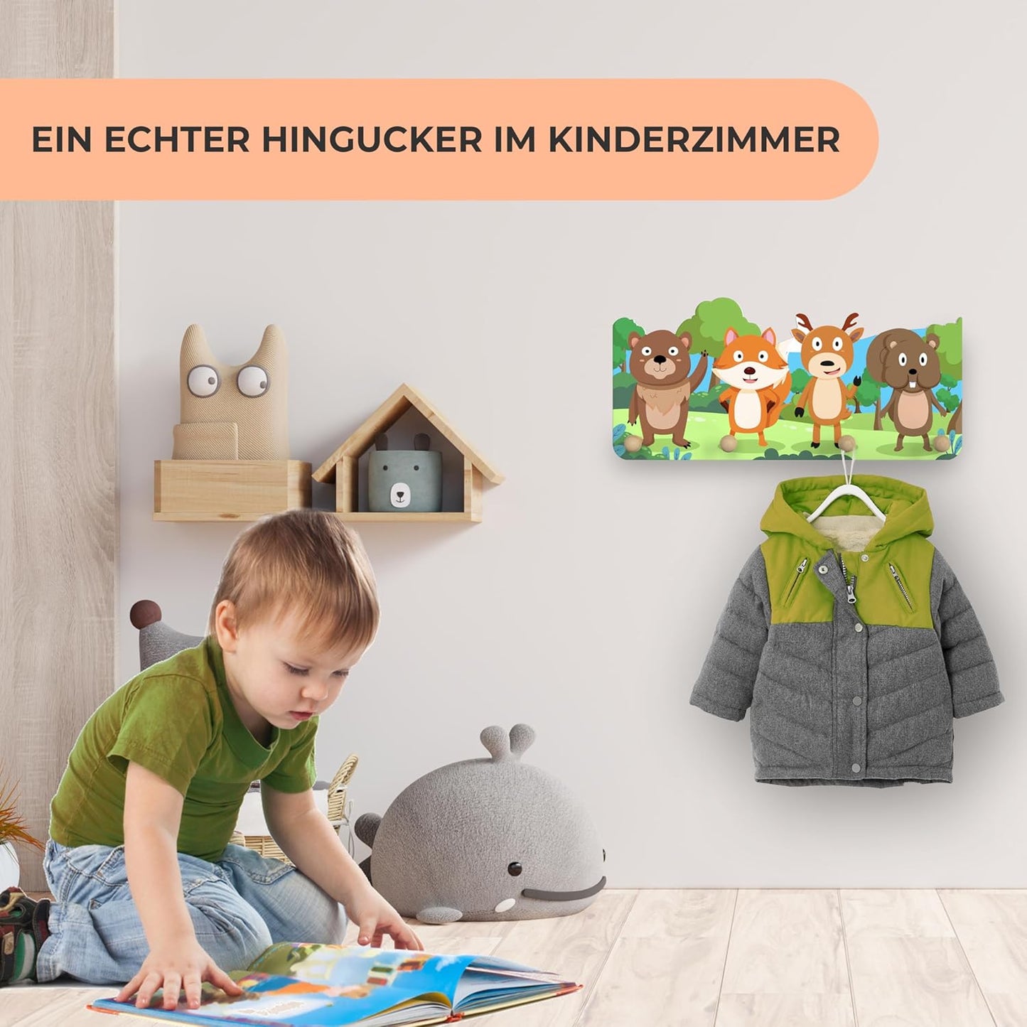Kindergarderobe aus Holz mit 4 Haken (Wald-Design), Wald