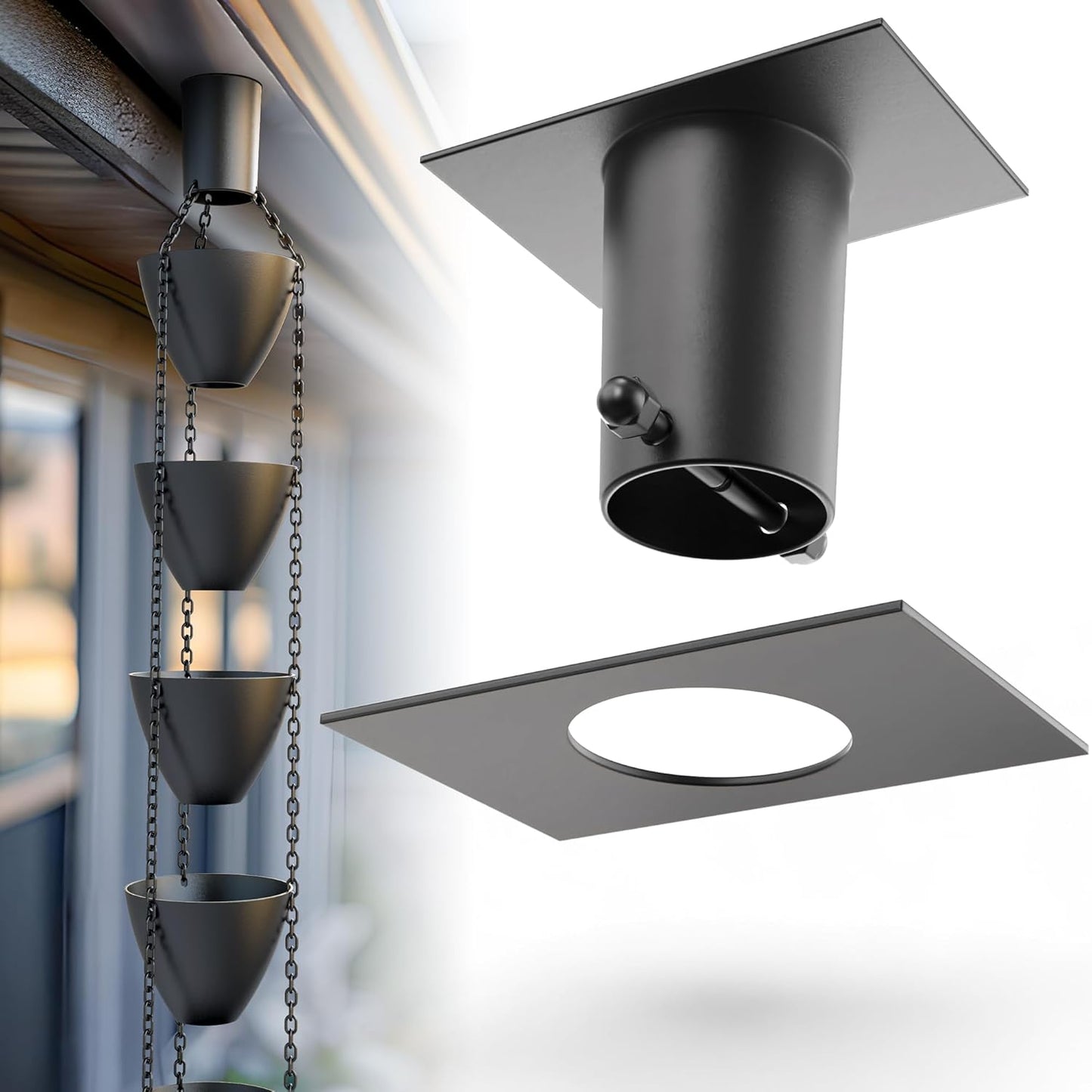 Regenketten-Dachrinnen-Adapter aus Aluminium, Aluminium Schwarzes, pulverbeschichtetes Aluminium