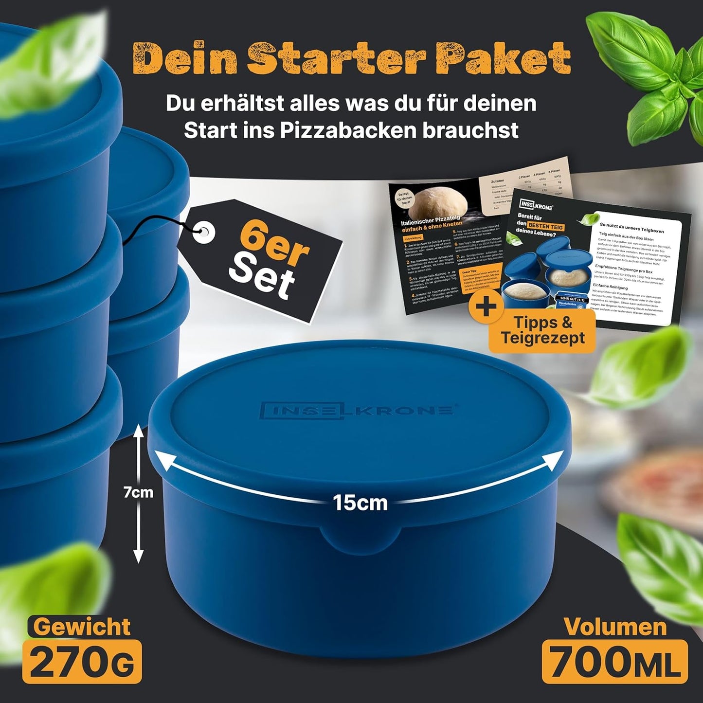6er-Set Pizzaballenbox mit Deckel, 6 Stück blau