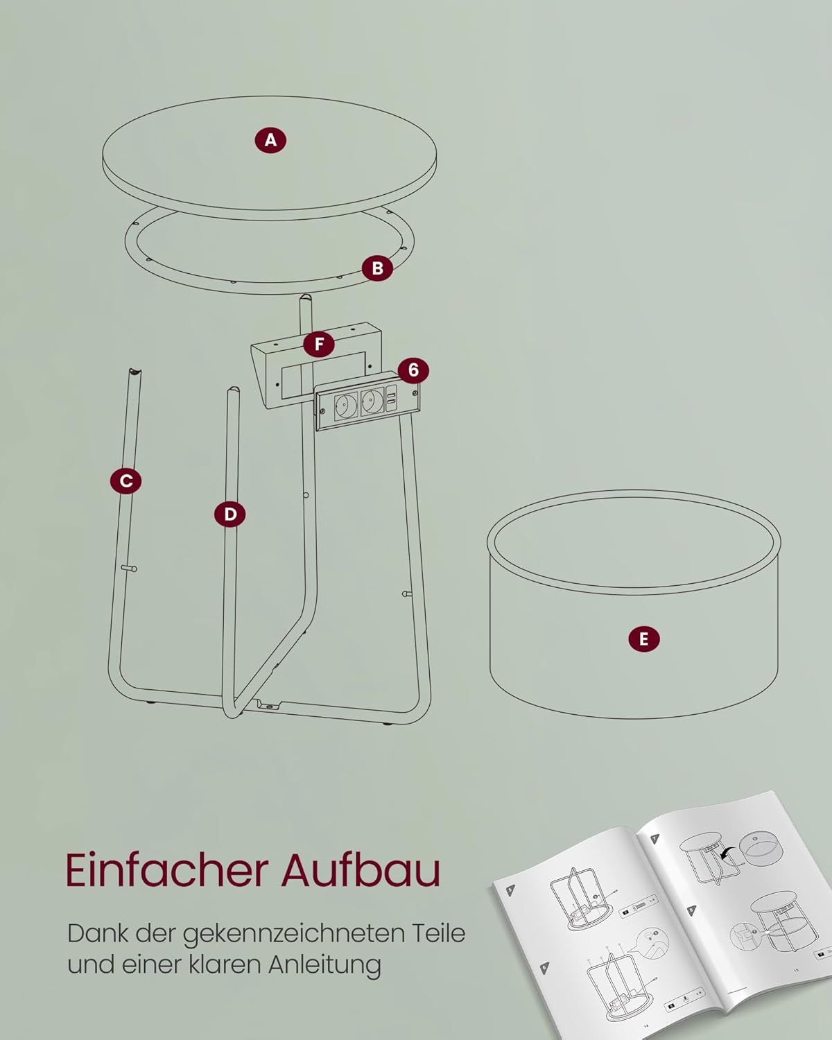 Runder Beistelltisch mit Steckdose und Stoffkorb, Waldgrün + Cremeweiss