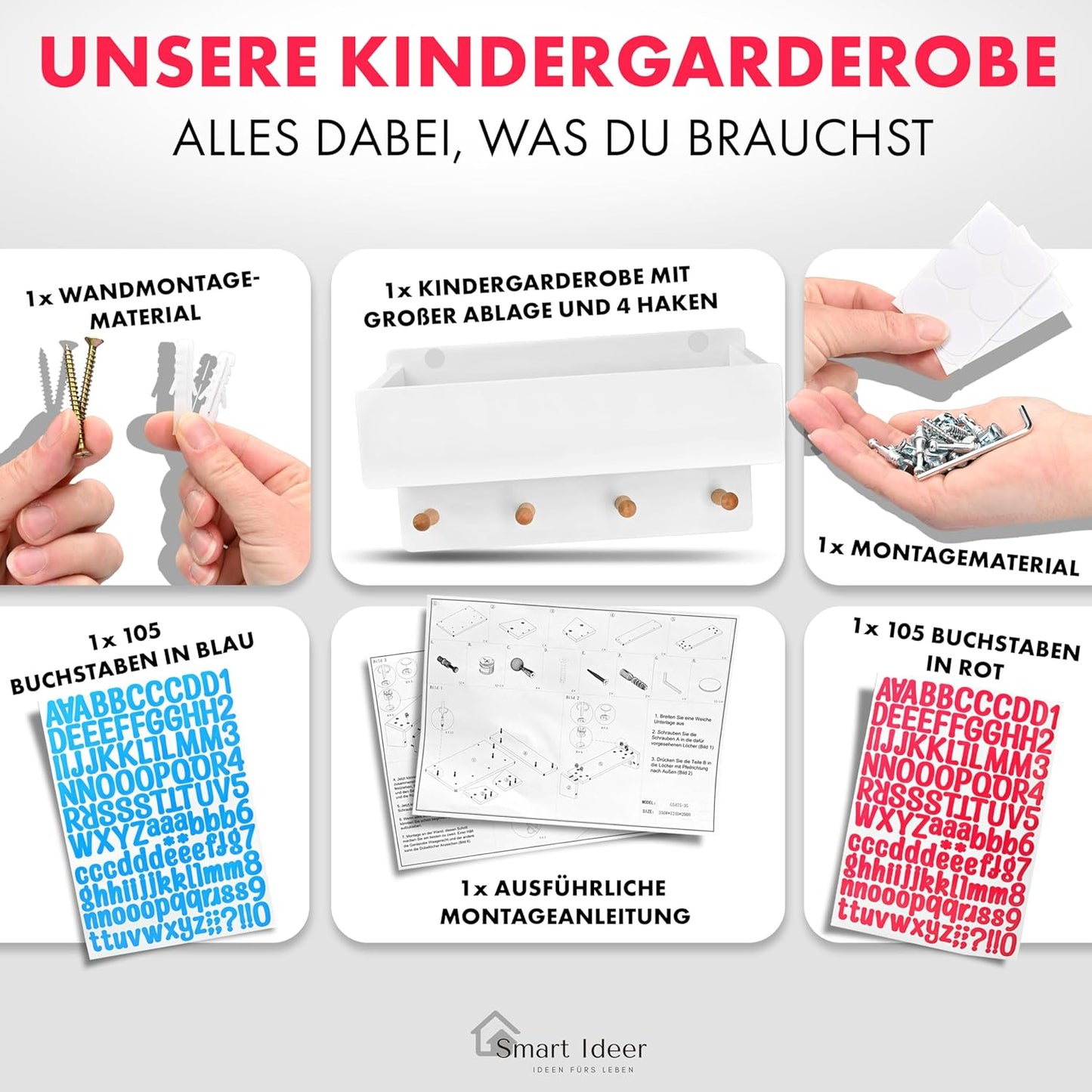 Kindergarderobe mit Holzablage und 4 Haken