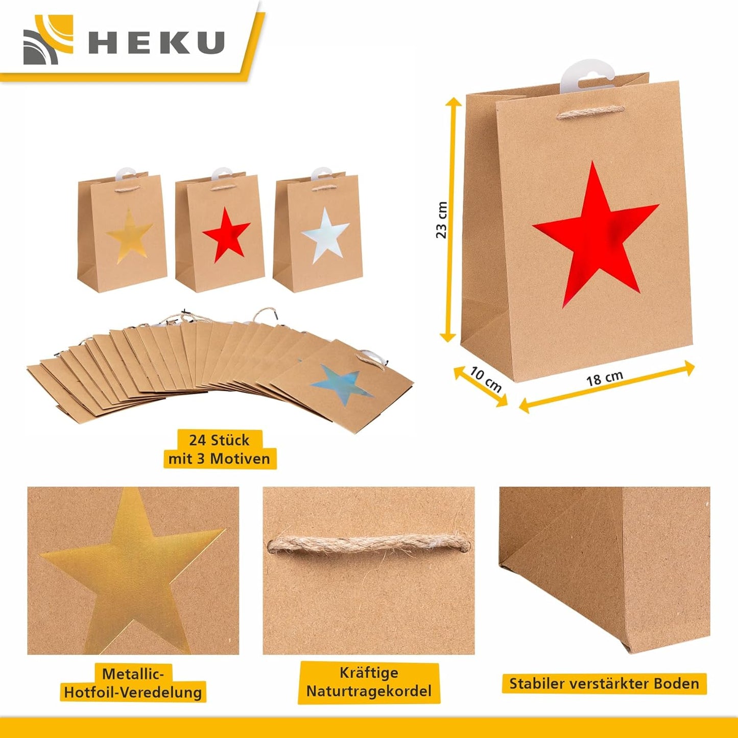 24er-Pack Geschenktaschen mit Metallic-Sternmotiv, Geschenktasche 23 x 18 x 10 cm Single Star