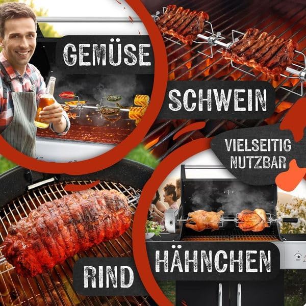 Edelstahl Grillspiess Set für Gasgrill mit Drehmotor, Silber