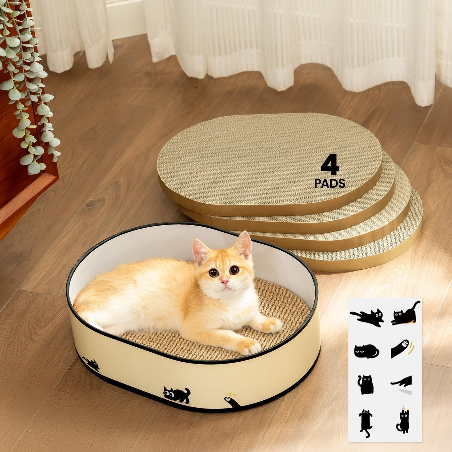 Katzen-Kratzbrett mit Box und 4 Ersatzbrettern, Groß Katzenbox + 4 Kratzbäume + Sticker