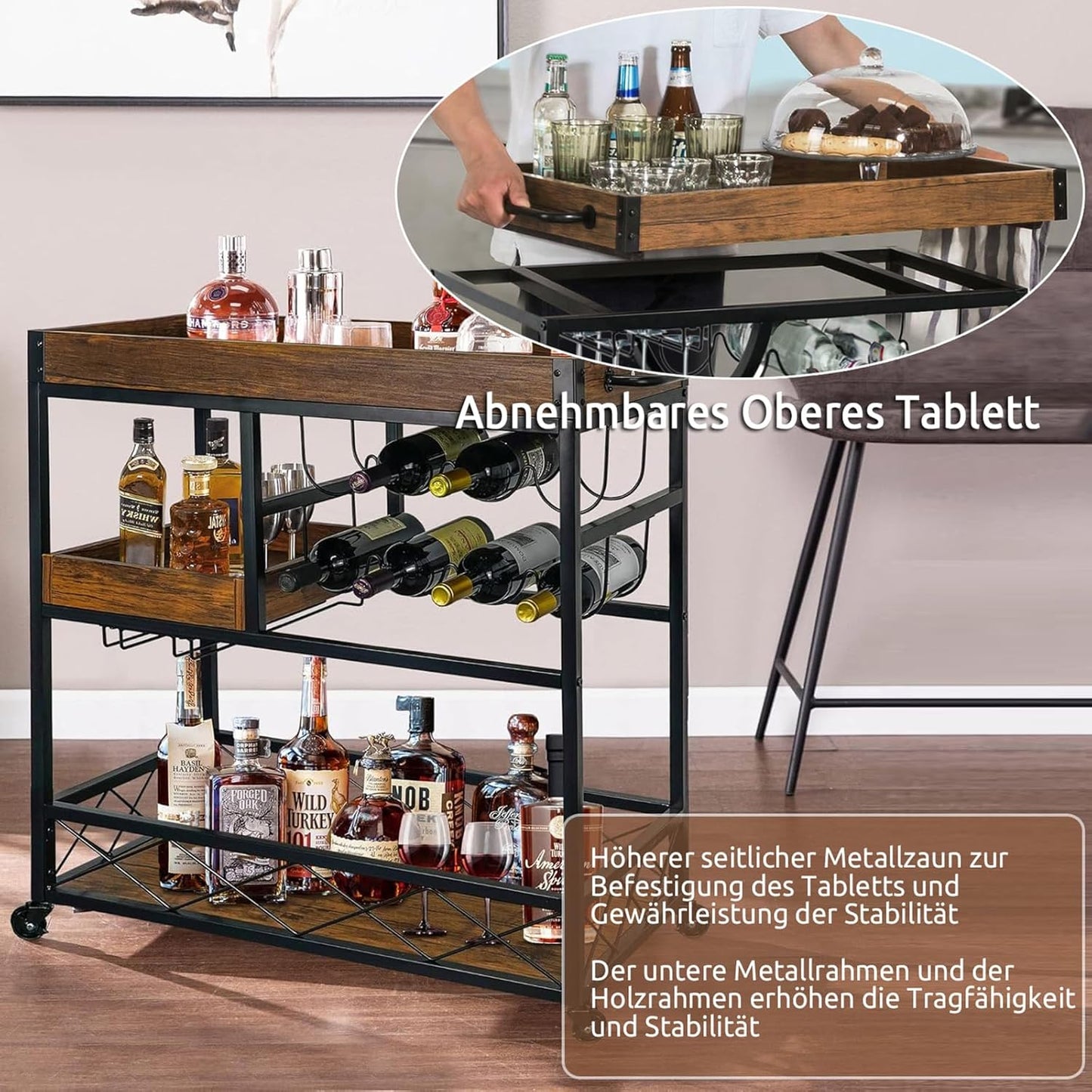 Mobiler Servierwagen mit abnehmbarem Tablett, 85x40x90 CM