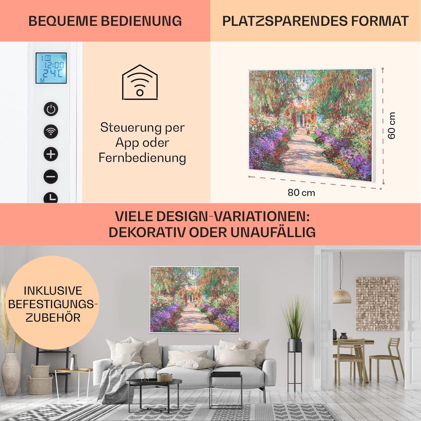 Monets Garden - Infrarotheizung mit Thermostat, 80 x 60 cm / 500W ; Monets Garten - Weiss