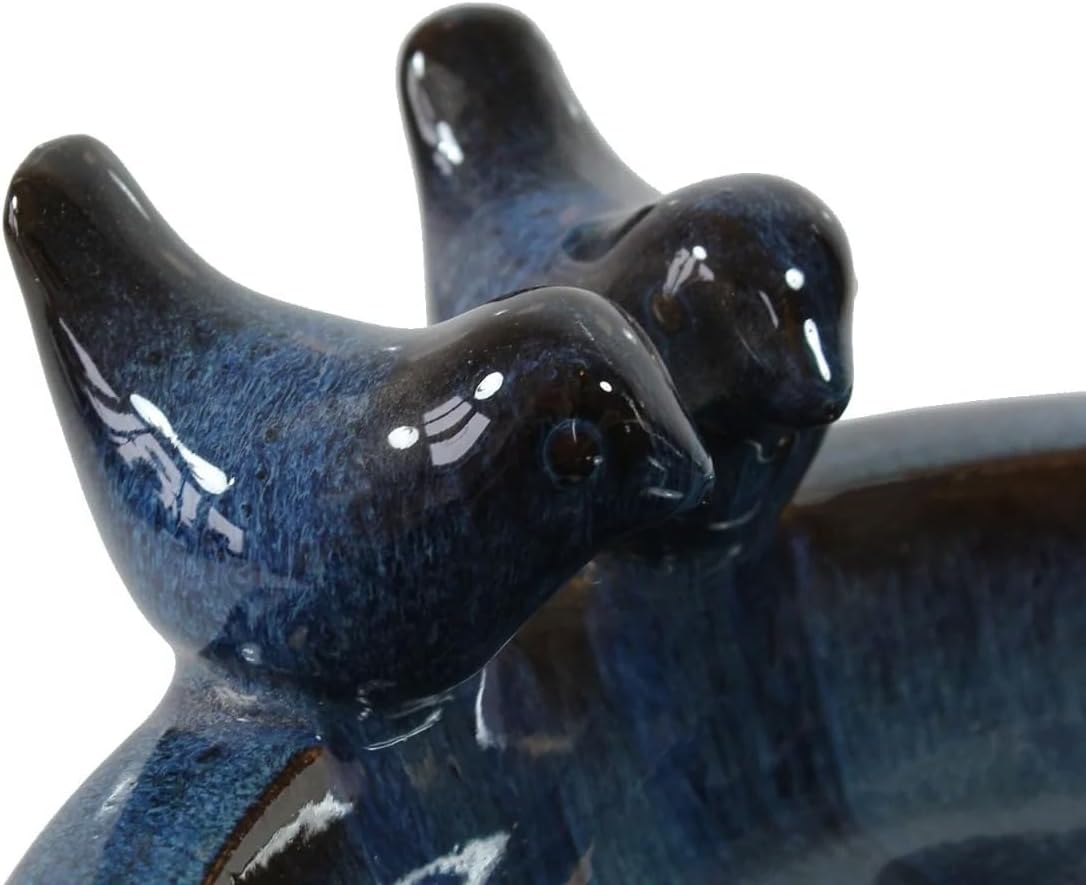 Keramik-Vogeltränke mit Deko-Vögeln, winterfest, Rustik-Blau