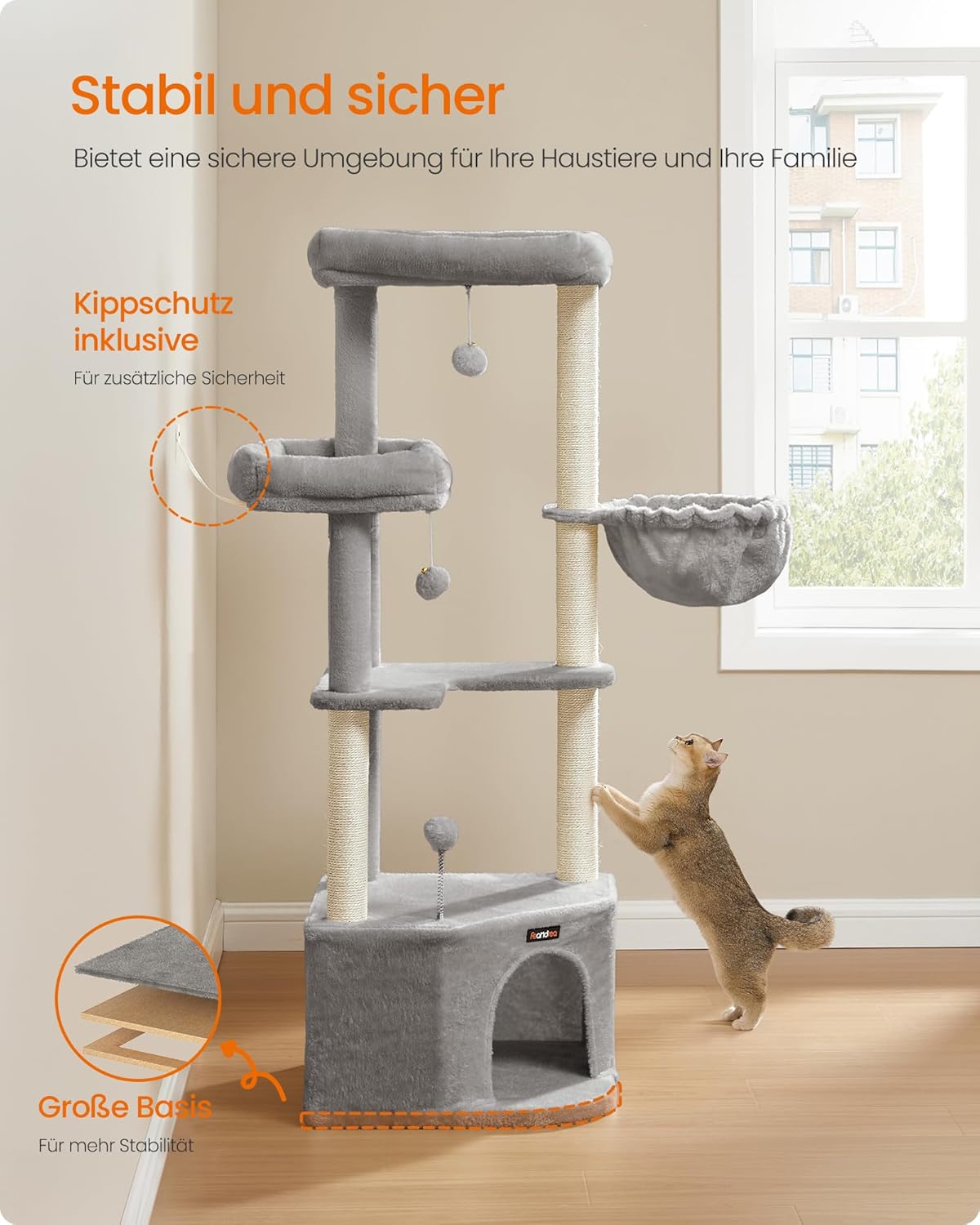Katzenkratzbaum mit Kuschelhöhle und Plattformen, taubengrau