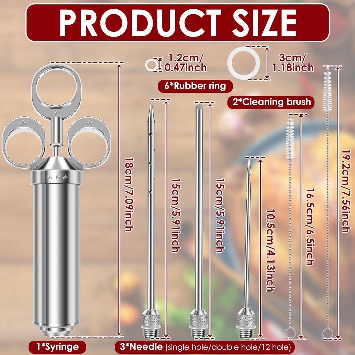 Bratenspritzen Set mit 3 Nadeln und 2 Reinigungsbürsten