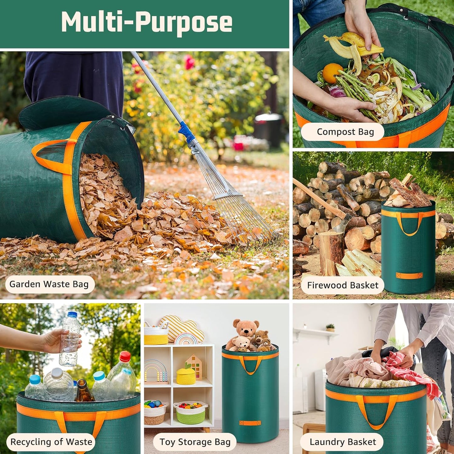 3er-Set Gartenabfallsack mit Deckel und Griffen, Grün-120l mit Deckel